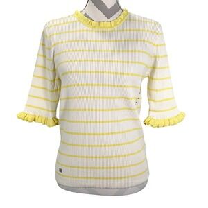 Lauren Ralph Lauren Womens XL Yellow White Striped Ruffle Ribbed Knit Top NWT